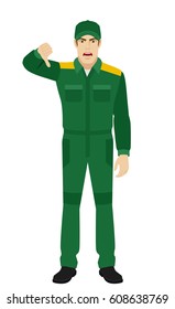 Worker showing thumb down gesture as rejection symbol. Full length portrait of Delivery man or Worker in a flat style. Vector illustration.