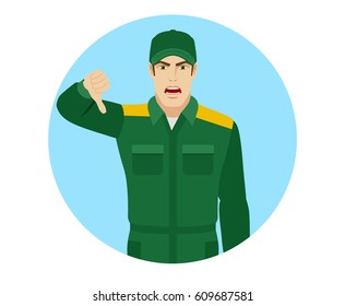 Worker showing thumb down gesture as rejection symbol. Portrait of Delivery man or Worker in a flat style. Vector illustration.