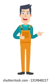 Worker showing thumb up and pointing something beside of him. Full length portrait of Cartoon Repairman Character. Vector illustration in a flat style.