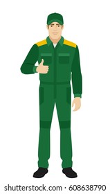Worker showing thumb up. Full length portrait of Delivery man or Worker in a flat style. Vector illustration.