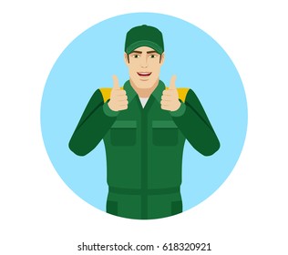 Worker showing thumb up. Portrait of Delivery man or Worker in a flat style. Vector illustration.