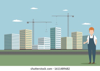 Worker showing thumbs up on construction site background. Vector.