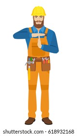 Worker showing time-out sign with hands. Body language. Full length portrait of worker character in a flat style. Vector illustration.