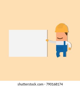 Worker showing a white banner, vector illustration design. Construction characters collection.