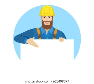Worker showing white blank poster. Portrait of worker character in a flat style. Vector illustration.