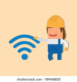 Worker showing a wifi sign, vector illustration design. Construction characters collection.