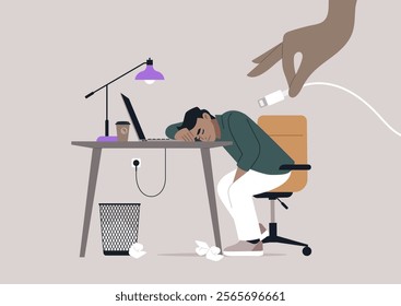 A worker shows signs of fatigue while resting their head on a desk filled with crumpled paper, A hand approaches to connect a charging cable, The setting conveys exhaustion and the need for a break