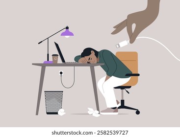 A worker shows signs of fatigue while resting their head on a desk filled with crumpled paper, A hand approaches to connect a charging cable, The setting conveys exhaustion and the need for a break