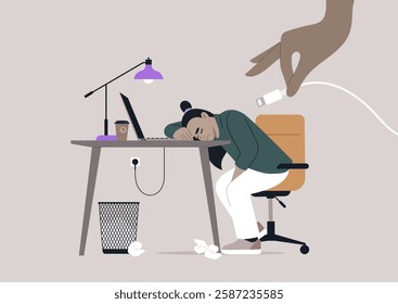 A worker shows signs of fatigue while resting their head on a desk filled with crumpled paper, A hand approaches to connect a charging cable, The setting conveys exhaustion and the need for a break