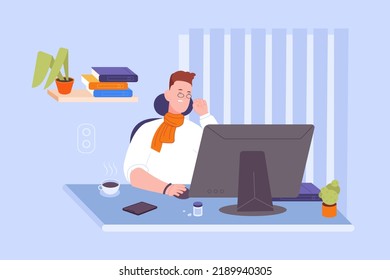 Worker sick flu. Sickly freelance employee working computer on workplace home office, tired man suffering of coughs sneeze bad feel allergy sickness virus cold, vector illustration of freelance flu