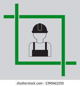 Worker sign. Black icon inside green crop tool at light gray background