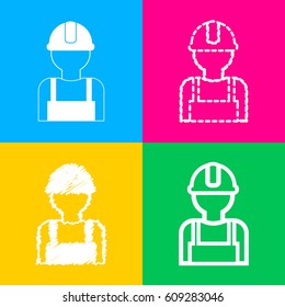 Worker sign. Four styles of icon on four color squares.