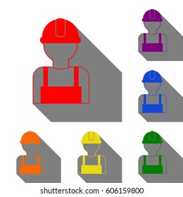 Worker sign. Set of red, orange, yellow, green, blue and violet icons at white background with flat shadow.