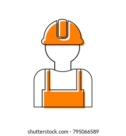 Worker sign. Vector. Black line icon with shifted flat orange filled icon on white background. Isolated.