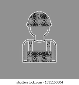 Worker sign. Vector. Black maze filled icon with white border at gray background.