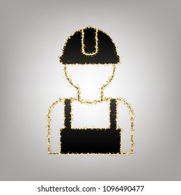 Worker sign. Vector. Blackish icon with golden stars at grayish background.