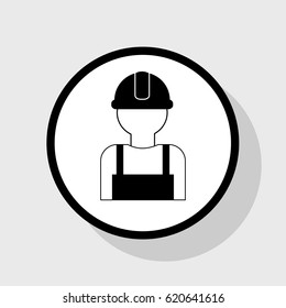 Worker sign. Vector. Flat black icon in white circle with shadow at gray background.