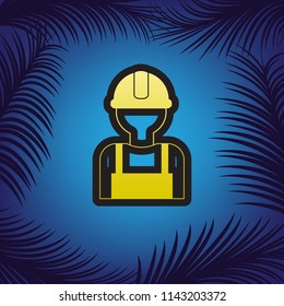 Worker sign. Vector. Golden icon with black contour at blue background with branches of palm trees.