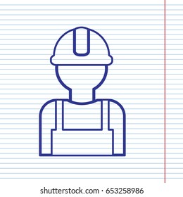 Worker sign. Vector. Navy line icon on notebook paper as background with red line for field.