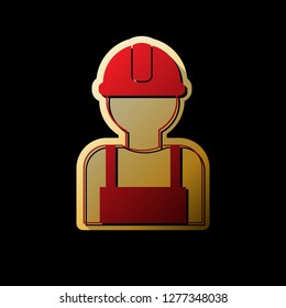 Worker sign. Vector. Red icon with small black and limitless shadows at golden sticker on black background.