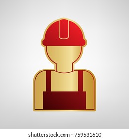 Worker sign. Vector. Red icon on gold sticker at light gray background.