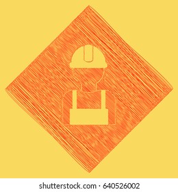Worker sign. Vector. Red scribble icon obtained as a result of subtraction rhomb and path. Royal yellow background.