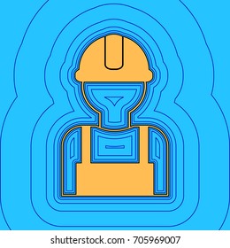 Worker sign. Vector. Sand color icon with black contour and equidistant blue contours like field at sky blue background. Like waves on map - island in ocean or sea.