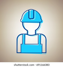 Worker sign. Vector. Sky blue icon with defected blue contour on beige background.