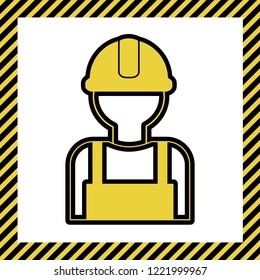 Worker sign. Vector. Warm yellow icon with black contour in frame named as under construction at white background. Isolated.