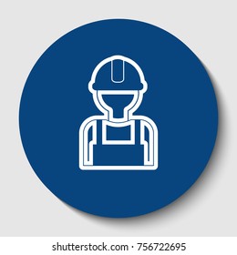 Worker sign. Vector. White contour icon in dark cerulean circle at white background. Isolated.