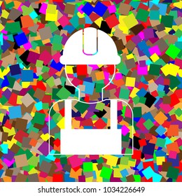Worker sign. Vector. White icon on colorful background with seamless pattern from squares.