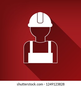 Worker sign. Vector. White icon with limitless shadow at ruby red background.
