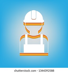 Worker sign. Vector. White icon with 3d warm-colored gradient body at sky blue background.