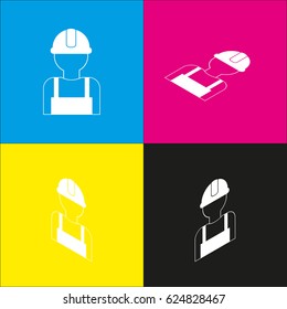Worker sign. Vector. White icon with isometric projections on cyan, magenta, yellow and black backgrounds.