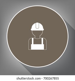 Worker sign. Vector. White icon on brown circle with white contour and long shadow at gray background. Like top view on postament.