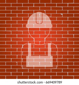 Worker sign. Vector. Whitish icon on brick wall as background.