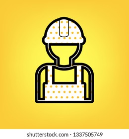 Worker sign. Vector. Yellow polka dot white icon with black contour at warm yellow background.