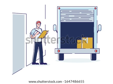 Worker Signing in Clipboard Stand at Van with Big Cardboard Boxes. Relocation and Moving into New House Concept. Professional Delivery Company Loader Service. Cartoon Vector Illustration, Line Art