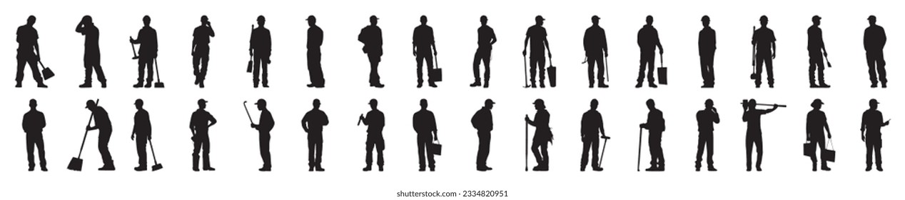 Conjunto de silueta de trabajo. Colección de siluetas obreras sobre un fondo aislado. Ilustración del vector