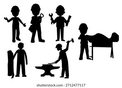 Conjunto de silueta de trabajador que muestra a varios comerciantes y trabajadores, incluido un herrero, mecánico, trabajador de la construcción y reparador general, que simboliza las ocupaciones industriales y vocacionales