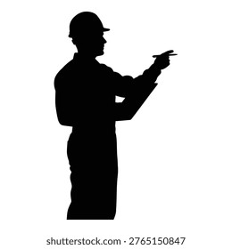 Worker silhouette wearing cap holding tablet and stylus in hand