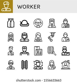 worker simple icons set. Contains such icons as Businessman, Vest, Hat, Man, Hostess, Engineer, Maid, Policewoman, Businesswoman, Machinery, can be used for web, mobile and logo