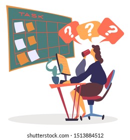 Worker sitting by personal computer, drinking coffee. Character in office looking at board with memo. Stickers on whiteboard, schedule with plans and tasks. Appointments reminder on taskboard vector