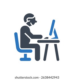 Worker sitting at a computer desk icon