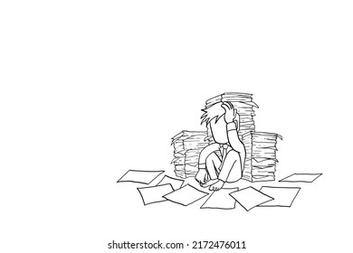 Worker sitting on the floor behind pile of documents feeling stressed and burnout. Cartoon vector illustration design