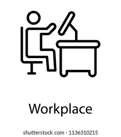 Worker sitting on office desk and pointing towards a computer, this is workforce icon