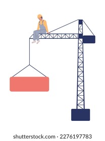 Trabajador sentado sobre el carácter vector de color semisplano de la grúa de la torre. Máquina de construcción en construcción. Editable en blanco. Ilustración puntual simple de estilo de dibujos animados para diseño gráfico web y animación