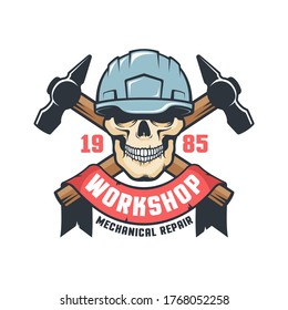 Worker skull in helmet vintage logo. Industrial Mechanical workshop emblem with tools and skeleton in hard hat. vector illustration