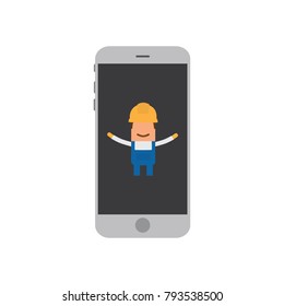Worker in a smartphone, vector illustration design. Construction characters collection.