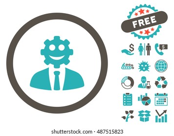 Worker Smile icon with free bonus icon set. Vector illustration style is flat iconic bicolor symbols, grey and cyan colors, white background.